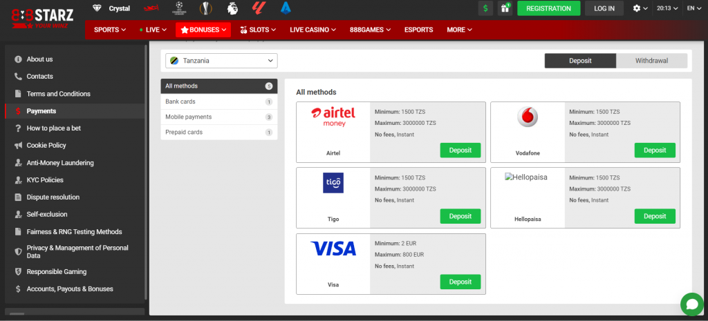 888starz Casino Tanzania Payment methods